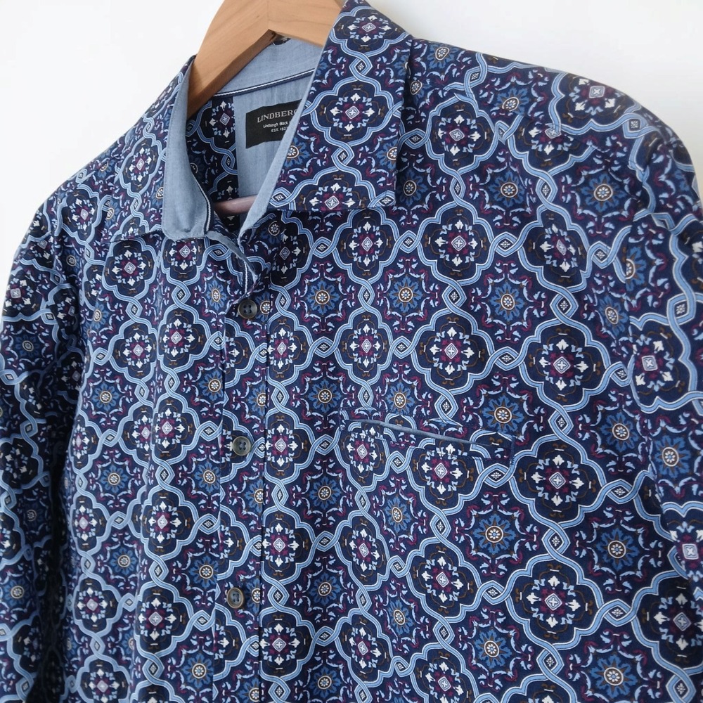 Lindbergh Black Label Mens XL Navy Blue Geometric Medallion Button Down Shirt